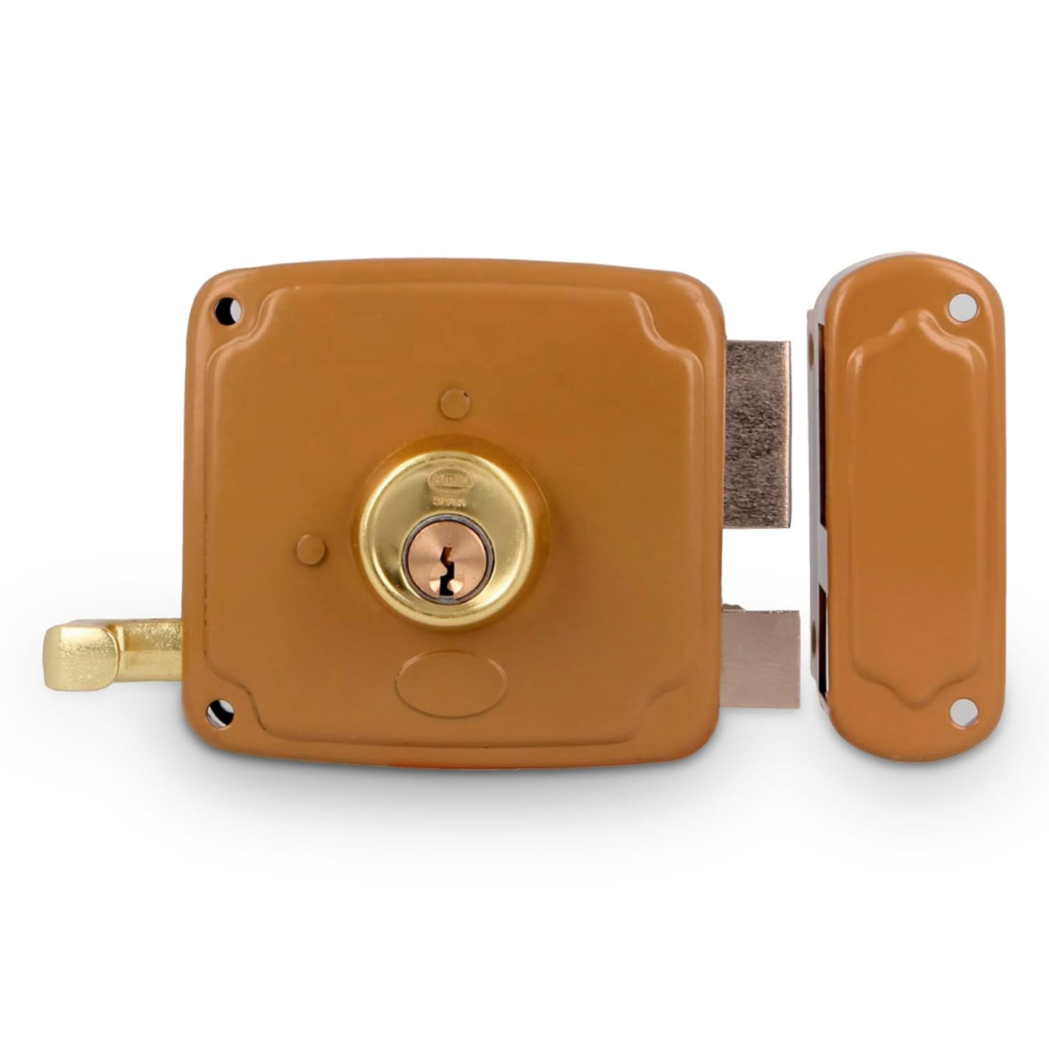 Amig - Serratura a Soprapponere Destra | Leva di Chiusura e Maniglia | Ideale per Porte in Legno | Oro, Misura 85 x 95 mm, Acciaio | Amig Griglia 3 150x150, Spessori per Cilindro