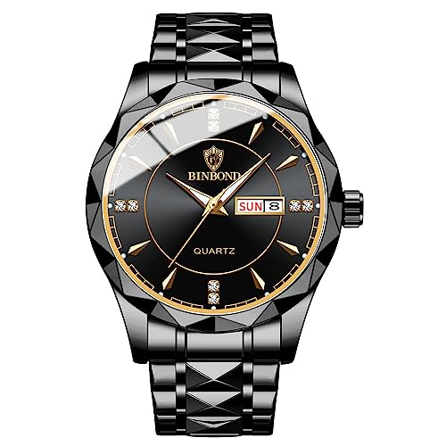 Montre à quartz analogique homme acier inoxydable calendrier date noire BINBO612