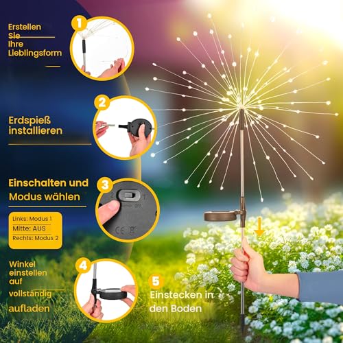 GIGALUMI Solarleuchten für den Außenbereich, 4 Stück, Solar-Feuerwerk-Lichter, wasserdicht, 120 LEDs, Solar-Starburst-Licht für Hof, Balkon, Terrasse, Pflanzgefäß, Gartendekoration (kaltweiß)