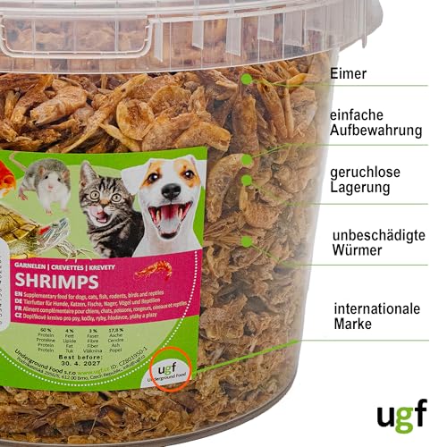 UGF - Getrocknete Garnelen - 400g im 3 Liter Eimer, Shrimp Insekten, Vogelfutter Wildvögel Ganzjährig, Hunde Leckerlis, Schildkröten Futter, Nagetierefutter, Eidechsenfutter, Fischfutter
