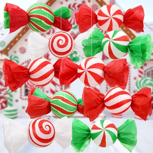 Rossesay 5 Pcs 12 in Christmas Paper Lanterns Decoration Christmas Candy Lanterns Candy Canes Hanging Ornaments for Indoor Outdoor Xmas Party Home Tree Yard Porch Wall Ceiling Decor
