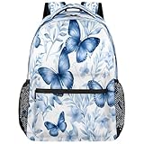 Dusviba Mochila escolar retro de hojas de mariposa azul de 16 pulgadas para niños y niñas, mochila de gran capacidad con múltiples bolsillos, correas de hombro ajustables, doble cremallera, mochila