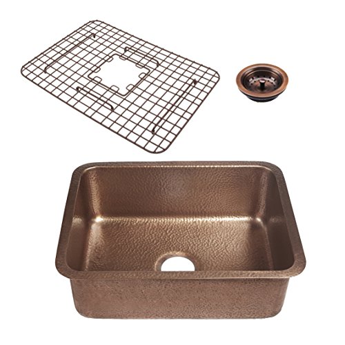 Sinkology SK201-23AC-WG-B Renoir with Fuller Grid and Basket Strainer Undermount Kitchen Sink, 23 in x 17.25 in x 8 in, Antique Copper