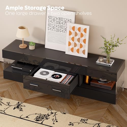 Image of Bestier Black 60 Inch Modern TV Stand, LED Entertainment Center with Drawer | Fits up to 65 in TV, High Gloss with Stone Pattern, Large Storage Drawer & Open Shelves, 7-Color LED Lights for Living Room