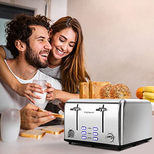 Toaster 4 Slice Wide Slot Stainless Steel Toasters With Bagel, Reheat, Cancel, Defrost Function, 6 Shade Settings, Removable Crumb Tray, 1550W, Aigostar #TOP4