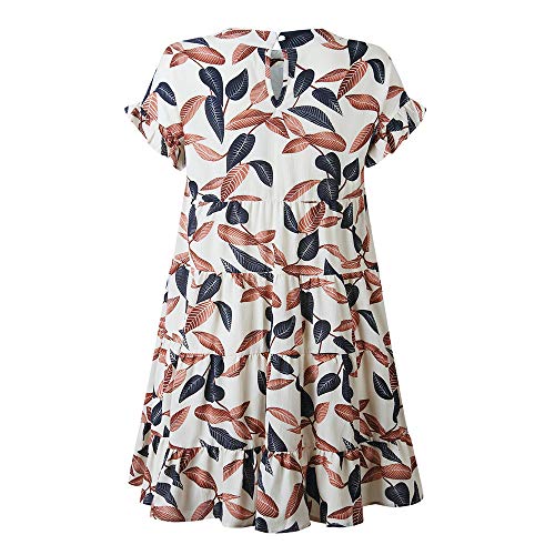 Joteisy Women’s O Neck Ruffle Short Sleeve Tiered Casual Mini Dress (XL, White Leaf)