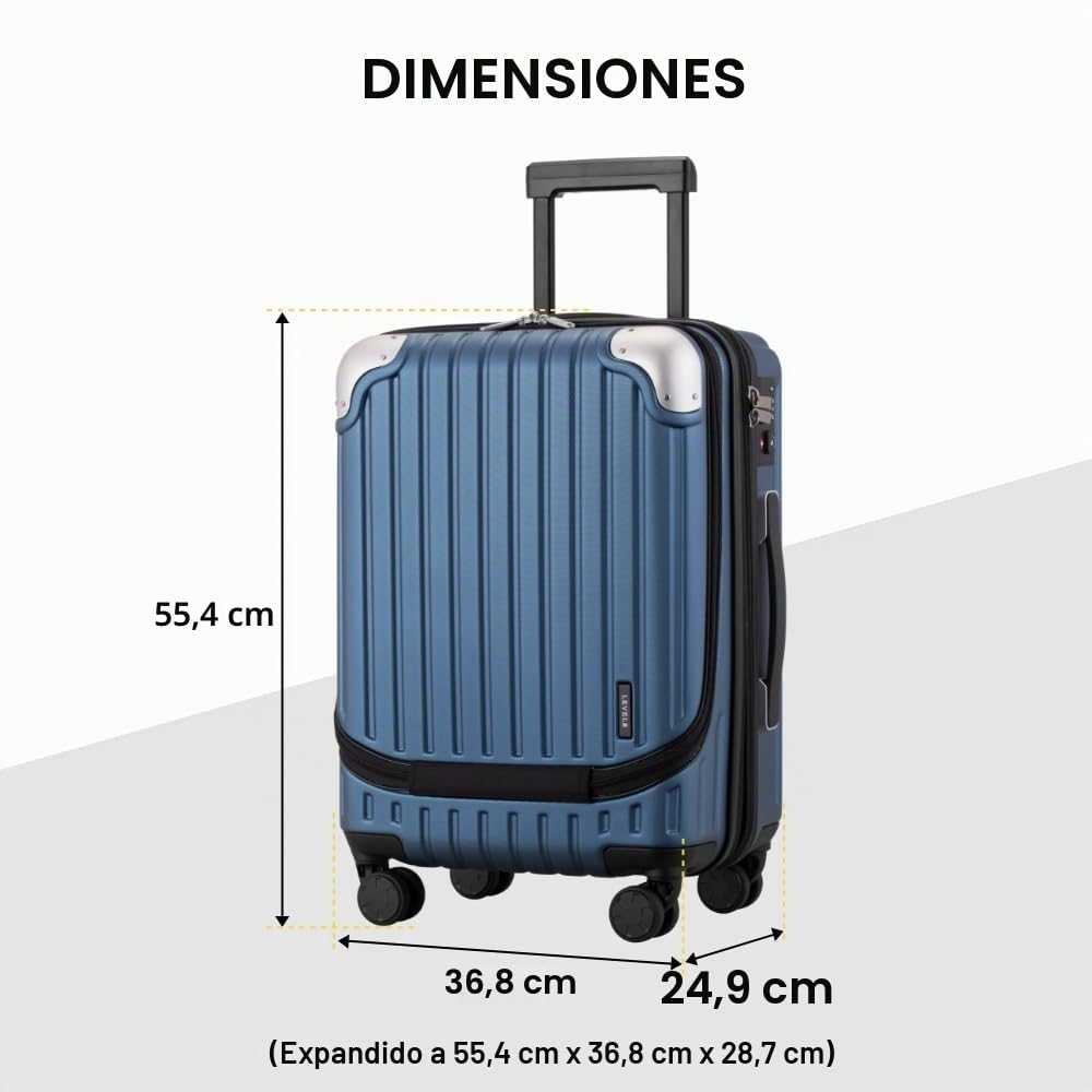 LEVEL8 Maleta Cabina Ampliable ABS+PC Equipaje de Mano Trolley Rígido Ligero Maletas de Viaje con 4 Ruedas Dobles Giratorias 360º y Candado TSA, 55x37x25CM, 42L, Azul