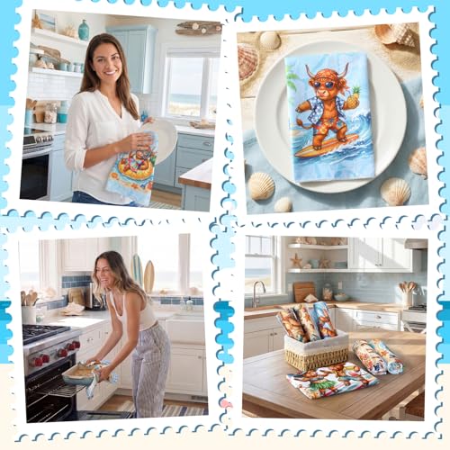 Image of Bencailor 6 Pcs Summer Sea Highland Cow Kitchen Towels Decorative Sets Dish Tea Towels Absorbent Hand Vintage Hanging Reusable Cleaning Dishcloths for Cooking Farmhouse Bathroom Accessory