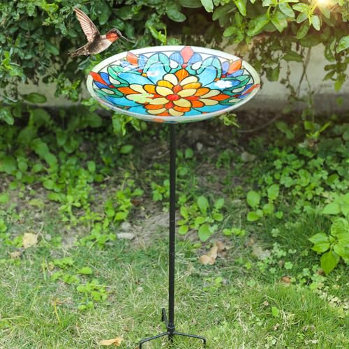 image for MUMTOP Outdoor Bird Baths, Glass Birdbaths Bird Feeder with Metal Stak