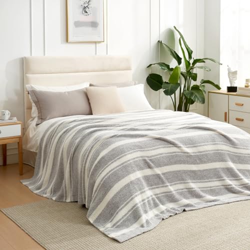 Image of Snuggle Sac Twin Size Bedding Blankets Luxurious Microfiber, Reversible Super Soft Warm Cozy Blankets Fuzzy Plush Blanket for Bed,Couch,Sofa,Living Room, Grey Stripe,60x80 inches
