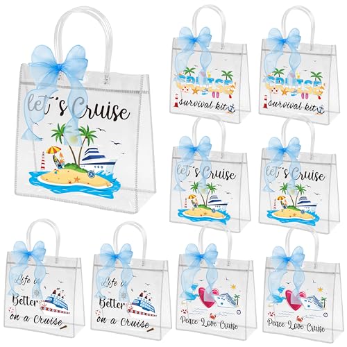 H1vojoxo Summer PVC Gift Bags - 24PCS Cruise Clear PVC Gift Bags with Handle and Blue Ribbon 4 Styles Waterproof and Reusable Cruise Beach Theme Transparent Tote Bag Nautical Party Favor Bag