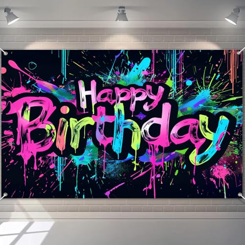 Image of HOMETITUTE Neon Happy Birthday Banner 84x60 Inch Photography Backdrops Party Background Decorations Colorful Graffiti Splash Paint Kids Birthday Supplies Glow in The Dark