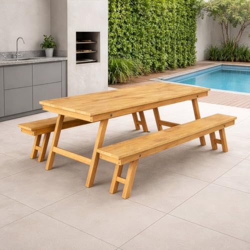 Conjunto Mesa Rústica com Bancos Madeira Maciça 2,40m Área Externa Churrasco Jardim Cera Mel