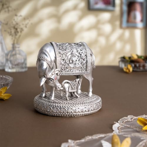 Image of Svastika 999 Silver Plated Kamdhenu Cow with Calf Idol | 4.5 Inch Premium Kamadhenu Vastu Showpiece | Gift Boxed | Wedding Housewarming for Couples