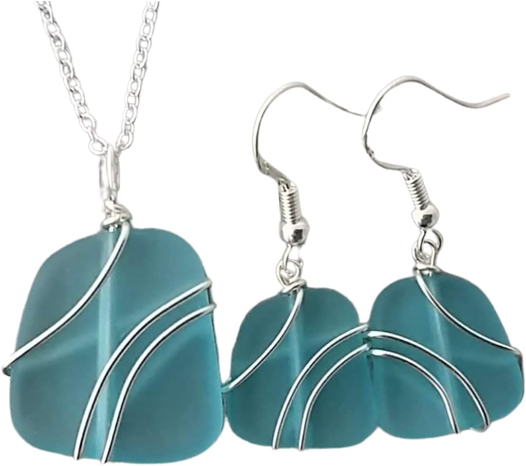 yinahawaii Handmade wire wrapped blue sea glass Necklace+Earrings Set, (Hawaii Gift Wrapped, Customizable Gift Message)