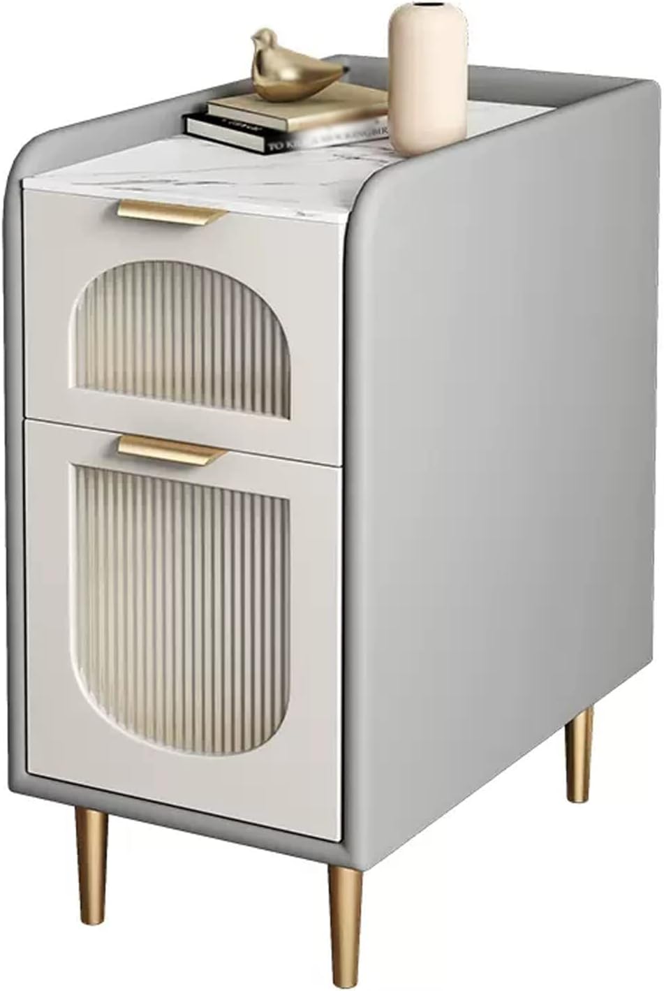 Grey Modern Bedside Table, Small Rock Board Bedroom Bedside Table, Space Saving Ultra Narrow Artificial Leather Design Living Room Sofa Side Table with 2 Drawers Storage