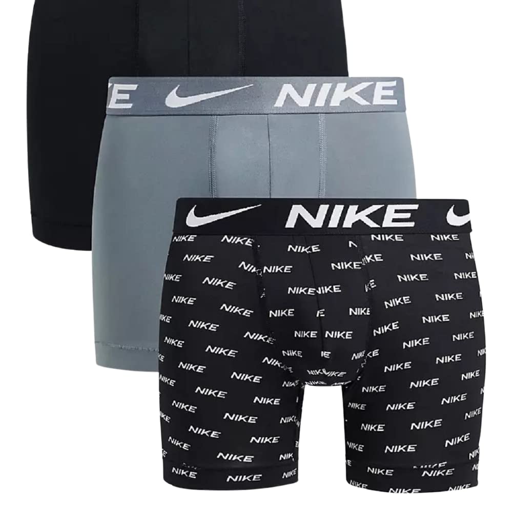 Nike Mens 3PK Dri-Fit Boxer Briefs, Nike Logo Print/Cool Grey/Black, XXL