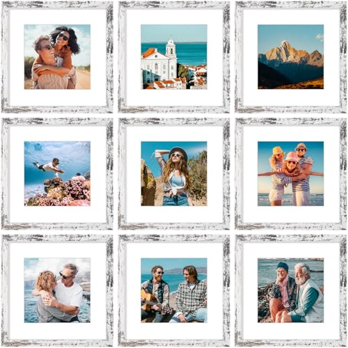 Vittanly 12x12 Picture Frames Set of 9, Shatter Resistant Plexiglass, Display 8x8 Pictures with Mat or 12x12 without Mat, Photo Frames for Wall Mount, Engineered Wood, Distressed White