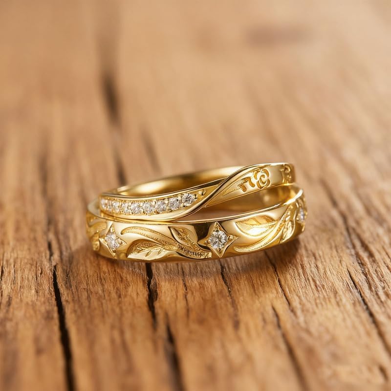 10K 14K 18K Gold Leaf Deaign Couple Wedding Bands with Moissanite/Diamonds Matching Couple Leaf Wedding Rings Size 3-16