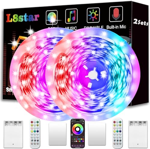 Battery Powered Led Strip Lights, 2x13Ft (26Ft),Two Sets of Strip Light with 4 AA Battery Box/USB RGB LED Lights, Remote and APP Control