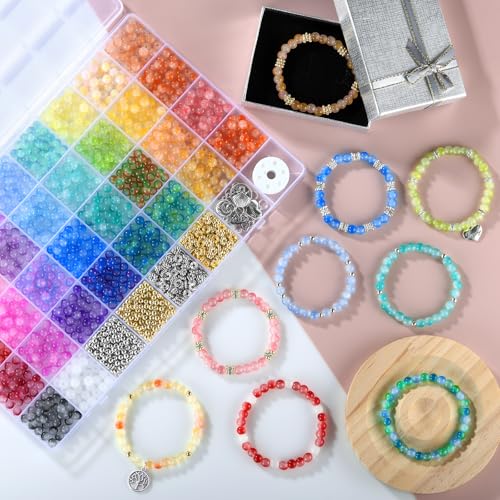 Image of Funtopia 6mm Glass Beads Bracelet Making Kit, 1396pcs Gradient Glass Beads | 34 Colors Crystal Round Beads for Jewelry Making Bracelets DIY Crafts with Spacer Beads and Charms