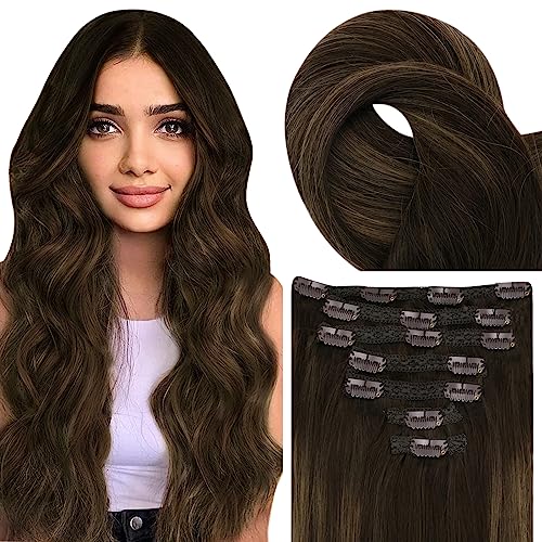 Fshine Clip in Hair Extensions Human Hair Darkest Brown Fading to Light Brown Highlight Darkest Brown Double Weft Real Human Hair Clip in Extensions 14 Inch 7pcs/120g Hair Extensions Clips
