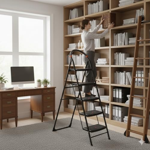 Image of CIPLA PLAST 5 Step Ladder for Home Use | Alloy Steel Ladder with Wide Steps | Foldable with 5 Slip-Resistant Steps | Durable, Heavy Duty, Anti-Skid Steel Ladder (5 Steps Milano, Black)