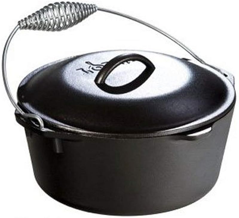 Horno holandés de hierro fundido presazonado con mango tipo fianza, 5 cuartos | Olla y tapa resistentes para fogatas, hierro fundido para cocinar en interiores y exteriores, naturalmente antiadherente