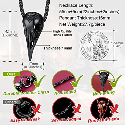 Faithheart Runic Raven Skull Pendant Necklace, Black Stainless Steel Nordic Vikings Jewelry Men Celtic Knot Crow Seketon Aegishjalmr Amulet For Women #TOP5