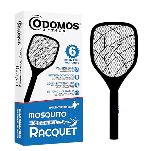 Odomos Attack Anti - Mosquito Rechargeable Racquet | 500mAH Battery | Large Net Area for Better Coverage | Long Lasting Internal Battery with Plug in Socket | 6 Months Warranty (Black)