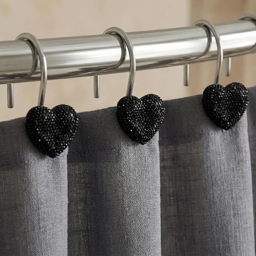 Black Heart Shower Curtain Hooks: 12 Pcs Sparkling Shower Hooks with Crystal Rhinestones - Stainless Steel Shower Rings Hangers for Gothic Bathroom Decor for Halloween Christmas Valentines Day