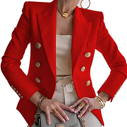Preisvergleich Produktbild Damen-Blazer-Jacke, langärmlig, mit Knopfleiste, lässig, elegant, für Arbeit, Büro, Büro, Rot Medium