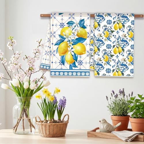 Image of FUTBU Lemon Summer Kitchen Towels, Bule Diamond Check Bamboo Lemon Dish Towels Set of 2 for Bathroom Decor, 18x26Inch Drying Dishcloth Farmhouse Holiday Summer Decoration