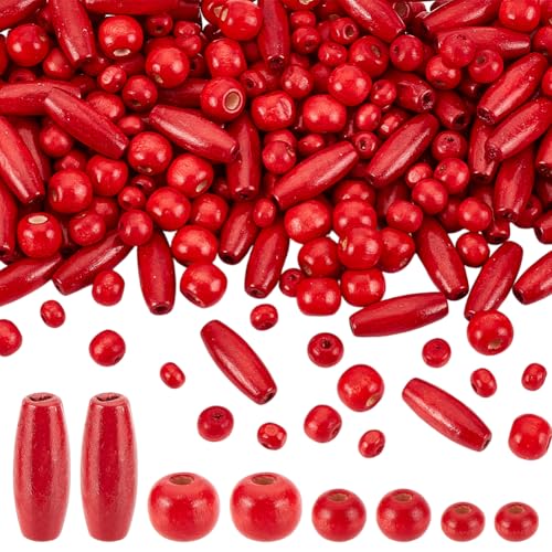 PH PandaHall 480pcs Red Wooden Spacer Beads Round Barrel Wood Beads Large Hole Natural Wooden Craft Bead Long Tube Bead for Bracelets Macrame Arts Crafts DIY Jewelry Making Christmas Decor