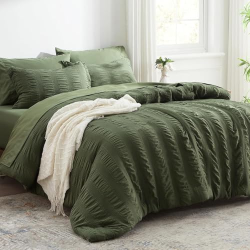 Tospass Housse de Couette Seersucker 240x260 Vert Olive avec 2 Taies d'oreiller 65x65 cm Gaufré Rayée Rayures Parure de Lit 2 Personne Adulte Linge de lit Microfibre Réversible avec Fermeture Éclair