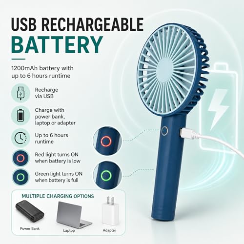 Image of TEQO Rechargeable Hand Fan 4800 RPM High Speed | 1200mAh Battery, Up to 6 Hours Runtime | Portable USB Fan with Mobile Stand & RGB Light | 3 Speed Personal Mini Fan for Travel, Makeup (Green)