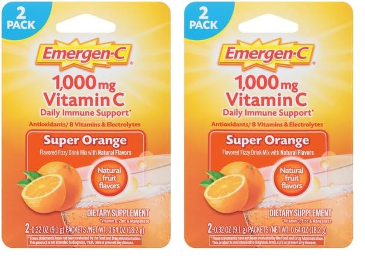 Emergen-C 1000mg Vitamin C Powder for Daily Immune Support Caffeine Free Vitamin C Supplements with Zinc and Manganese, B Vitamins and Electrolytes, Super Orange Flavor - 2 Count (Pack of 2) 0.32 Ounce (Pack of 4)
