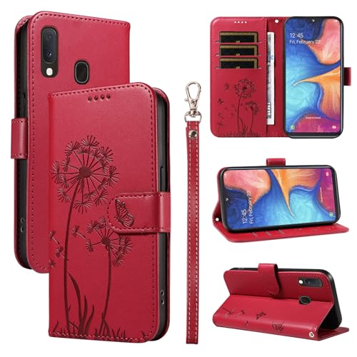 Bravoday Cover per Samsung Galaxy A20e, Custodia in PU Pelle Portafoglio Flip Schede con Slot per Carte, Magnetica Antiurto Cover per Galaxy A20e, Rosso
