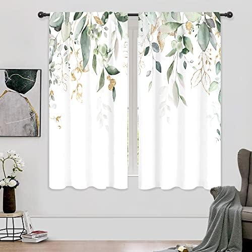 Riyidecor Eucalyptus Leaves Curtains Rod Pocket Green Leaf Watercolor Nature Spring Plants Botanical Sage Floral Women Men Living Room Bedroom Window Drapes Treatment Fabric 2 Panels 42×63 Inch