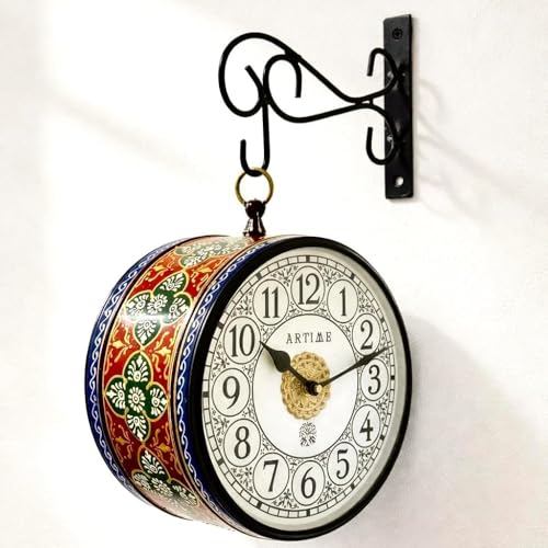 Image of Handcrafted Double Side Metal Analog Vintage Wall Clock | 1.5 Year Machine Warranty | 6 INCHES | 1 Side Number 1 Side Roman,Color (Multicolor)
