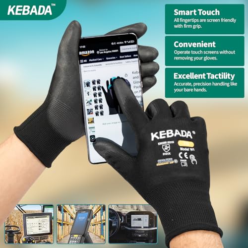 Image of Kebada Safety Work Gloves,120 Pairs Bulk Pack, Touchscreen, PU Coated, Ideal for Warehouse, Construction, Gardening and Mechanics, Black, XX-Large