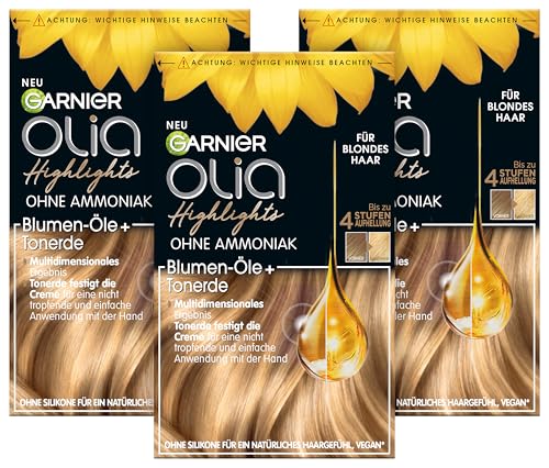 Garnier Set de tinte para mechas y reflejos en cabello rubio, con aceites florales y arcilla, sin amoniaco ni siliconas, hasta 4 niveles de aclarado, olia, rubio, 3 unidades