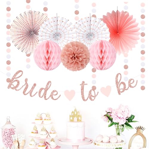 Image of Light-Pink Rose-Gold Bachelorette Party-Decorations - 21pcs Baby Bridal Shower Banner Garland, Bride To Be Paper Streamers Lanterns,flower Tissue Pom Poms Fan Supplies,Wedding Backdrop Decor Huglony