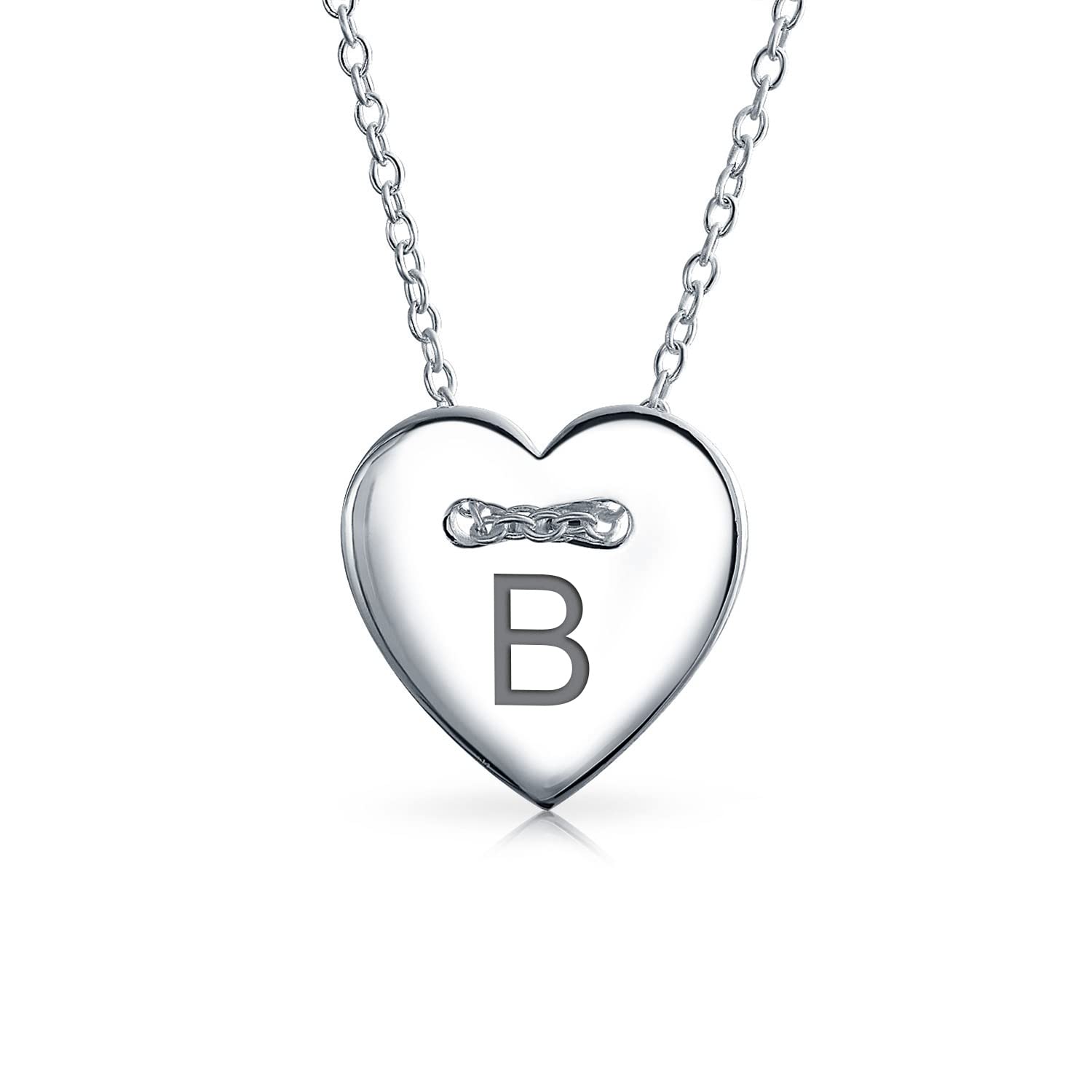 Bling JewelryPersonalized Flat Slide Button Heart Shape Slide Pendant Engravable Sterling Silver Necklace Alphabet Initial For Women Teen Custom Engraved