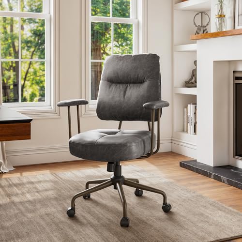 Image of EUREKA ERGONOMIC Becky Home Office Desk Chairs Leather, Comfy Office Chair with Lumbar Support and Arms, Mid-Back, Comfortable Thick Cushion, Height Adjustable, Mid-Century Modern, Gray