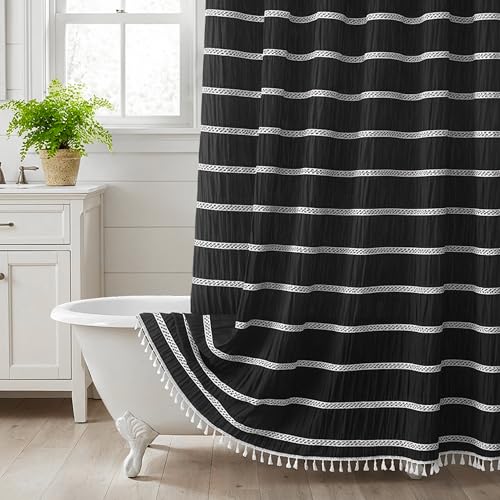 Siiluminisoy Black and White Shower Curtain Farmhouse Striped Shower Curtain with Tassel Rustic Cotton Blend Thick Boho Shower Curtains Machine Washable 72 x 72