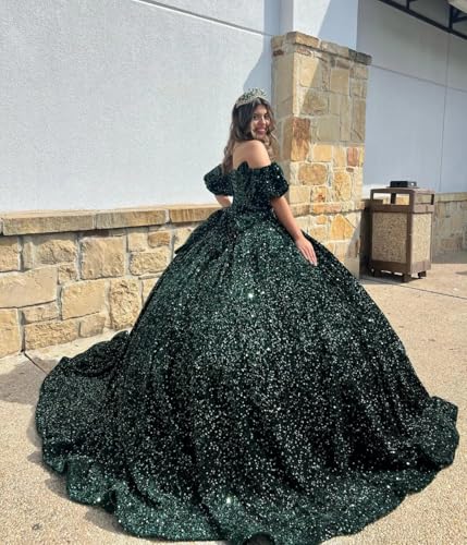 Sparkly Sequin Quinceanera Dresses Off Shoulder Detachable Puffy Sleeve Ball Gown Sweetheart Sweet 16 Dresses2