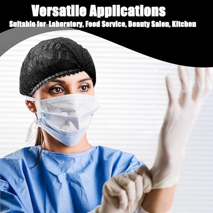 Image of KAUSTA Disposable Bouffant caps /Surgical Caps /Cooking Caps /Surgical Head Caps /Non Woven Head Caps, Pack Of 100pcs (18 inch) Medical Use Disposable Bouffant Caps Stretchable Hair Cover / Hair Net (Black)