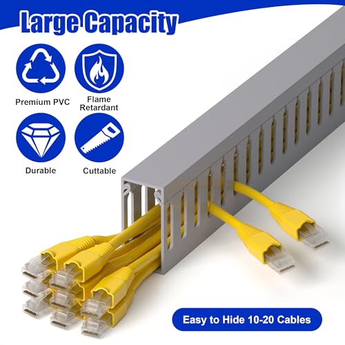 Image of ZhiYo 2 inch H x 1 inch W Cable Management Raceway, 99in Under Desk Channel, Grey | Slotted Wire Duct, 6Pack, 16.5in Each, Heavy-Duty PVC Cable Management for Server Racks, Network Cables & Electrical Cabinets