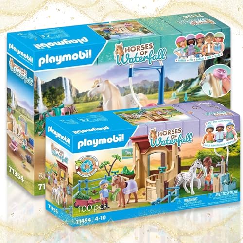 PLAYMOBIL 71354 Isabella & Lioness con lavadero 71494 – Caballos de cascada – Establo de equitación – Ideal para amantes de los caballos